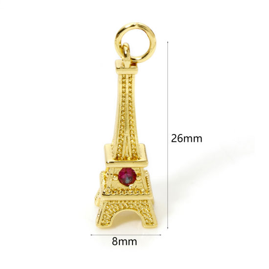 Image de 1 Pièce Breloques Voyage en Laiton Tour Eiffel Plaqué Or 18K 3D à Zircone Cubique Multicolore 26mm x 8mm