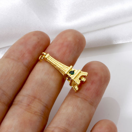 Image de 1 Pièce Breloques Voyage en Laiton Tour Eiffel Plaqué Or 18K 3D à Zircone Cubique Multicolore 26mm x 8mm