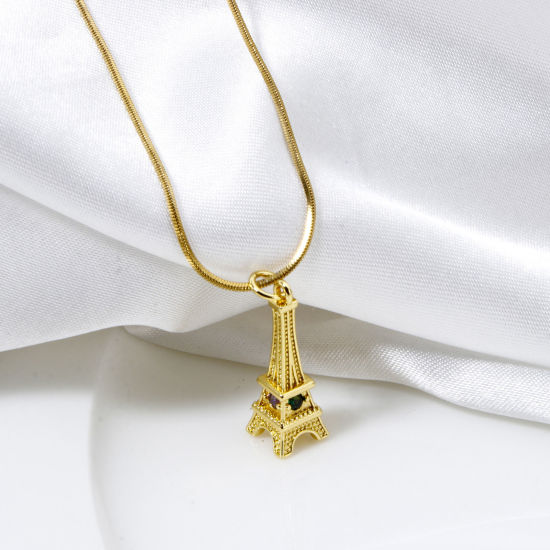 Image de 1 Pièce Breloques Voyage en Laiton Tour Eiffel Plaqué Or 18K 3D à Zircone Cubique Multicolore 26mm x 8mm