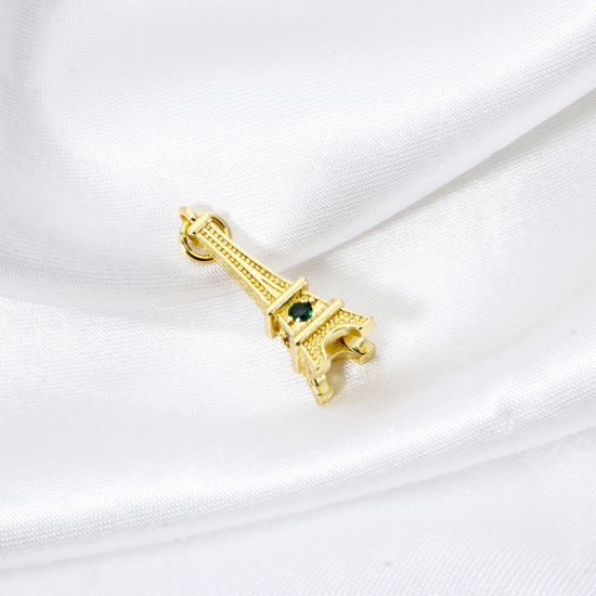 Image de 1 Pièce Breloques Voyage en Laiton Tour Eiffel Plaqué Or 18K 3D à Zircone Cubique Multicolore 26mm x 8mm