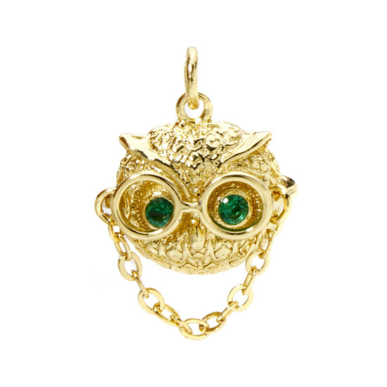 Immagine di 1 Pz Ottone Halloween Ciondoli Gufo Placcato Oro 18K 3D Verde Cubic Zirconiae 18mm x 15.5mm