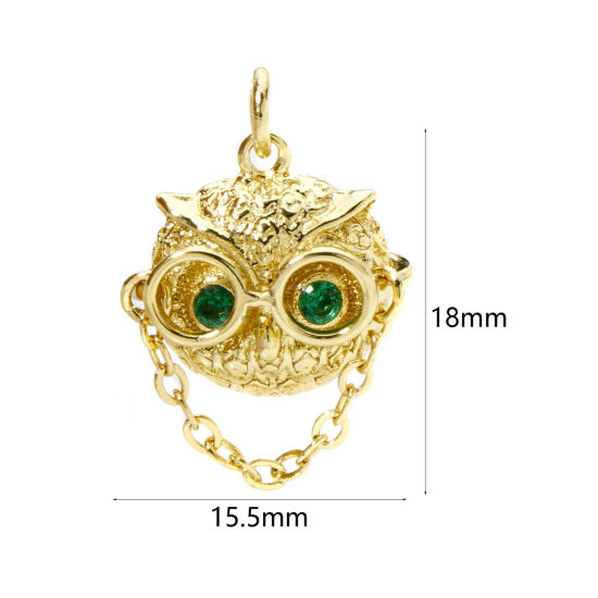 Immagine di 1 Pz Ottone Halloween Ciondoli Gufo Placcato Oro 18K 3D Verde Cubic Zirconiae 18mm x 15.5mm