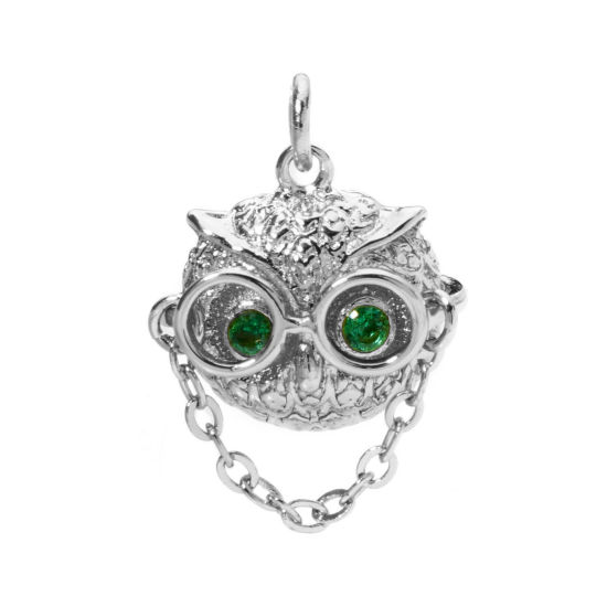 Immagine di 1 Pz Ottone Halloween Ciondoli Gufo Platino Placcato 3D Verde Cubic Zirconiae 18mm x 15.5mm