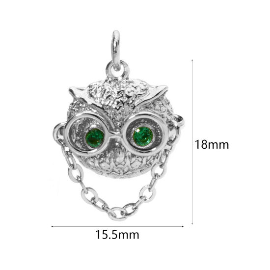 Immagine di 1 Pz Ottone Halloween Ciondoli Gufo Platino Placcato 3D Verde Cubic Zirconiae 18mm x 15.5mm