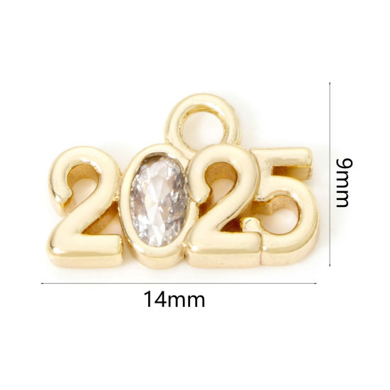 Picture of 2 PCs Eco-friendly Brass Year Charmes 18K Real Gold Plated Message " 2025 " Clear Cubic Zirconia 14mm x 9mm