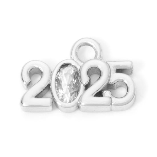 Picture of 2 PCs Eco-friendly Brass Year Charmes Real Platinum Plated Message " 2025 " Clear Cubic Zirconia 14mm x 9mm