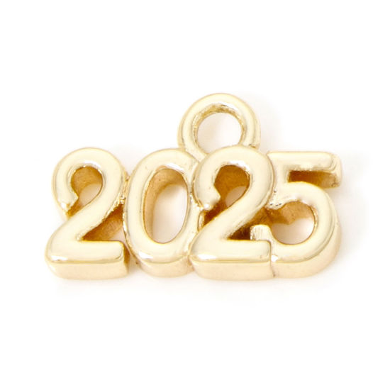 Picture of 2 PCs Eco-friendly Brass Year Charmes 18K Real Gold Plated Message " 2025 " 14mm x 9mm