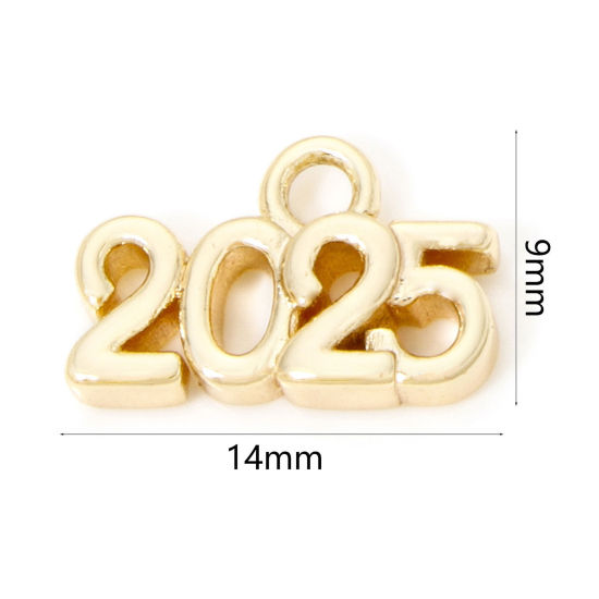 Picture of 2 PCs Eco-friendly Brass Year Charmes 18K Real Gold Plated Message " 2025 " 14mm x 9mm