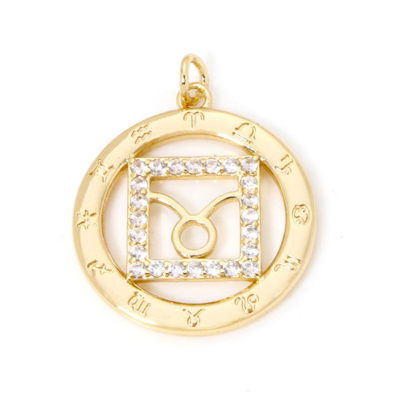 Picture of 1 Piece Eco-friendly Brass Charms 18K Real Gold Plated Round Taurus Sign Of Zodiac Constellations Hollow Clear Cubic Zirconia 24mm x 19mm