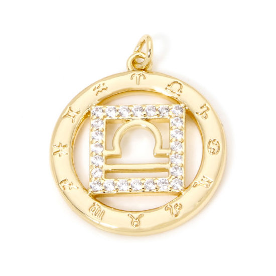 Picture of 1 Piece Eco-friendly Brass Charms 18K Real Gold Plated Round Libra Sign Of Zodiac Constellations Hollow Clear Cubic Zirconia 24mm x 19mm