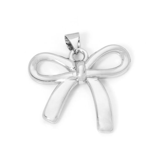 Picture of 1 Piece Eco-friendly Brass Clothes Charm Pendant Real Platinum Plated Bowknot 29mm x 27mm