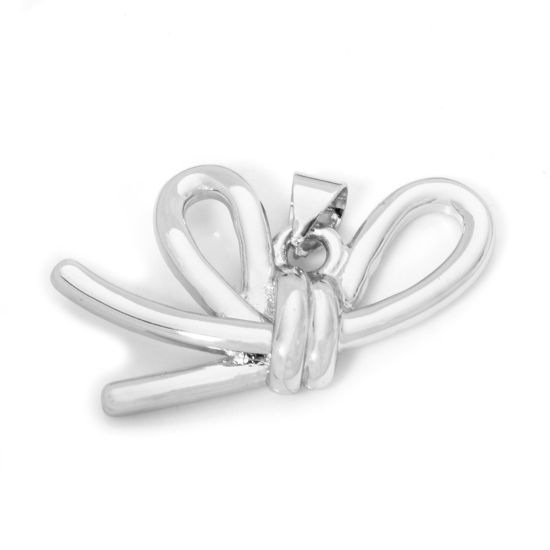 Picture of 1 Piece Eco-friendly Brass Clothes Pendants Real Platinum Plated Bowknot 3cm x 1.8cm