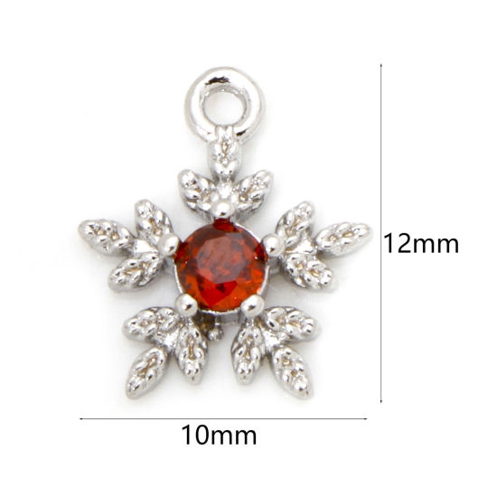 Bild von 2 PCs Eco-friendly Brass Weather Collection Mini Charm Tiny Charm Real Platinum Plated Christmas Snowflake Red Cubic Zirconia 12mm x 10mm