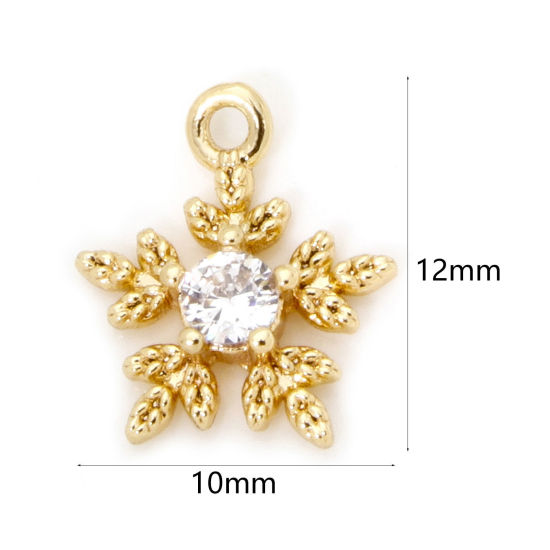 Bild von 2 PCs Eco-friendly Brass Weather Collection Mini Charm Tiny Charm 18K Real Gold Plated Christmas Snowflake Clear Cubic Zirconia 12mm x 10mm