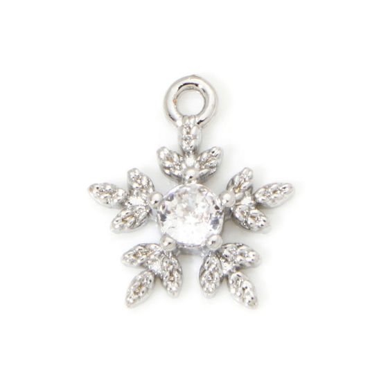 Bild von 2 PCs Eco-friendly Brass Weather Collection Mini Charm Tiny Charm Real Platinum Plated Christmas Snowflake Clear Cubic Zirconia 12mm x 10mm