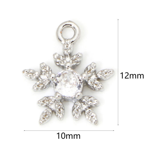 Bild von 2 PCs Eco-friendly Brass Weather Collection Mini Charm Tiny Charm Real Platinum Plated Christmas Snowflake Clear Cubic Zirconia 12mm x 10mm