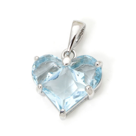 Bild von 1 Stück Umweltfreundlich Messing Valentinstag Charm-Anhänger Echt Platin plattiert Herz Saphir Strass 20mm x 14mm