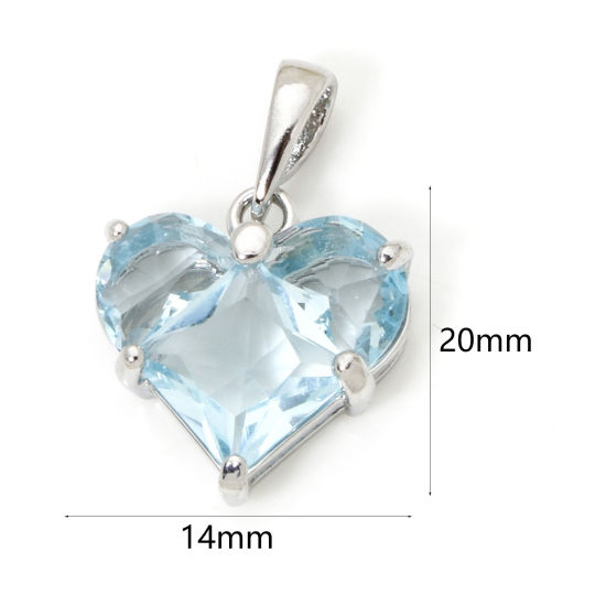 Bild von 1 Stück Umweltfreundlich Messing Valentinstag Charm-Anhänger Echt Platin plattiert Herz Saphir Strass 20mm x 14mm