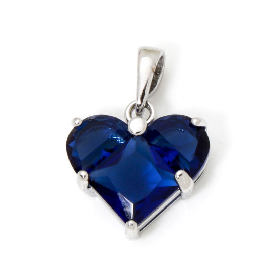 Bild von 1 Stück Umweltfreundlich Messing Valentinstag Charm-Anhänger Echt Platin plattiert Herz Dunkelblau Strass 20mm x 14mm