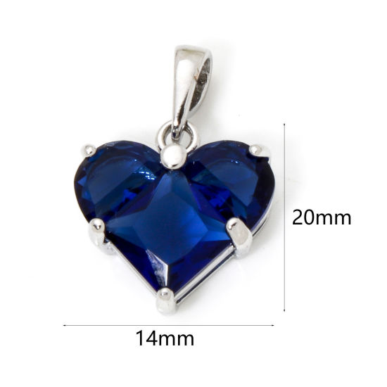 Bild von 1 Stück Umweltfreundlich Messing Valentinstag Charm-Anhänger Echt Platin plattiert Herz Dunkelblau Strass 20mm x 14mm
