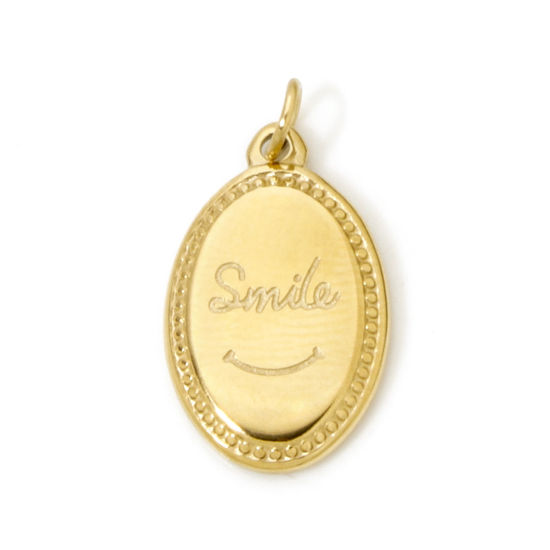 Imagen de 1 Unidad Recubrimiento al Vacío PVD Ecológico 304 Acero Inoxidable Colgantes Óvalo 18K Oro Real Chapado " SMILE " 19mm x 10.5mm