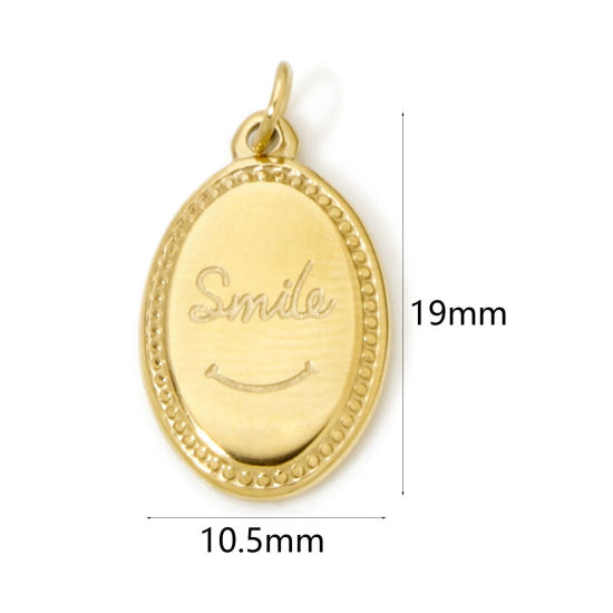 Imagen de 1 Unidad Recubrimiento al Vacío PVD Ecológico 304 Acero Inoxidable Colgantes Óvalo 18K Oro Real Chapado " SMILE " 19mm x 10.5mm