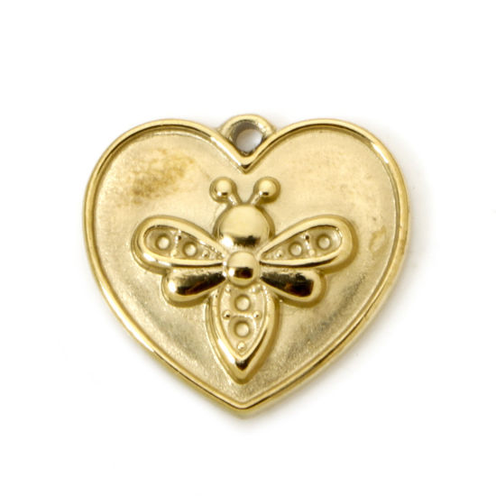 Imagen de 1 Unidad Recubrimiento al Vacío PVD Ecológico 304 Acero Inoxidable Insecto Colgantes Corazón 18K Oro Real Chapado Abeja 15mm x 14mm