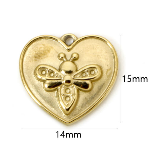 Imagen de 1 Unidad Recubrimiento al Vacío PVD Ecológico 304 Acero Inoxidable Insecto Colgantes Corazón 18K Oro Real Chapado Abeja 15mm x 14mm