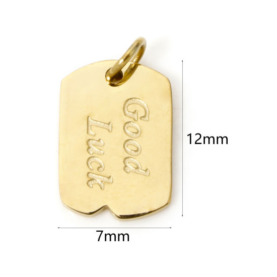 Image de 1 Pièce Breloques en 304 Acier Inoxydable Placage sous Vide PVD Respectueux de l'Environnement Rectangle Plaqué Or Véritable 18K Gravé Mots" Goodluck " 12mm x 7mm