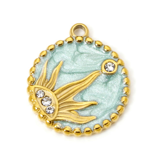 Immagine di 1 Pz Placcatura Sottovuoto PVD Ecologica 304 Acciaio Inossidabile Galassia Ciondoli Tondo 18K Vero Oro Placcato Sole Smalto 21mm x 18mm