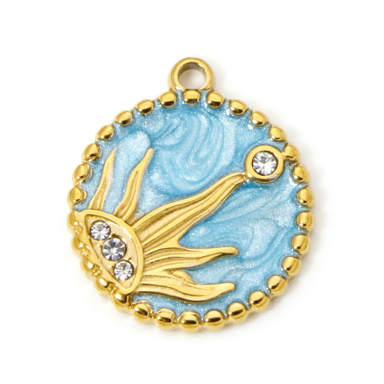 Immagine di 1 Pz Placcatura Sottovuoto PVD Ecologica 304 Acciaio Inossidabile Galassia Ciondoli Tondo 18K Vero Oro Placcato Sole Smalto 21mm x 18mm