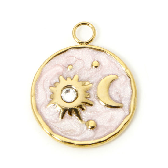 Immagine di 1 Pz Placcatura Sottovuoto PVD Ecologica 304 Acciaio Inossidabile Galassia Ciondoli Tondo 18K Vero Oro Placcato Luna Smalto 24mm x 20mm