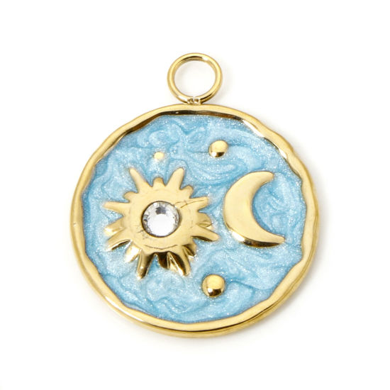 Immagine di 1 Pz Placcatura Sottovuoto PVD Ecologica 304 Acciaio Inossidabile Galassia Ciondoli Tondo 18K Vero Oro Placcato Luna Smalto 24mm x 20mm