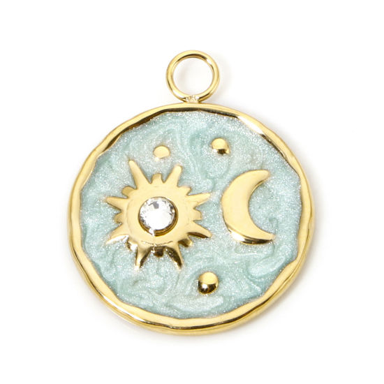 Immagine di 1 Pz Placcatura Sottovuoto PVD Ecologica 304 Acciaio Inossidabile Galassia Ciondoli Tondo 18K Vero Oro Placcato Luna Smalto 24mm x 20mm