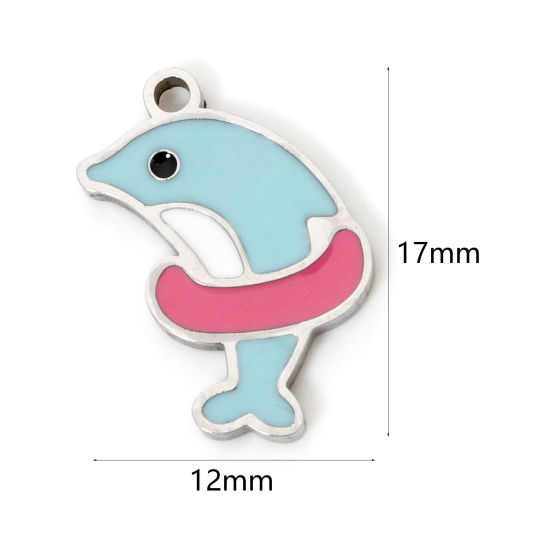 2 個 エコフレンドリー 真空メッキ 304ステンレス鋼 海ジュエリー チャーム イルカ 金メッキ 青 エナメル 17mm x 12mm、 の画像