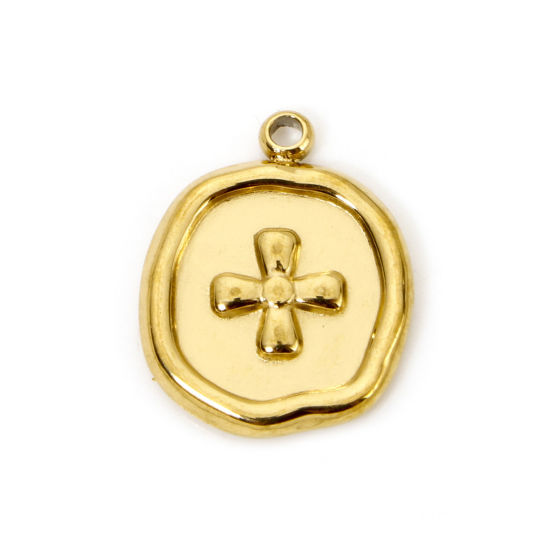 Picture of 2 PCs Eco-friendly PVD Vacuum Plating 304 Stainless Steel Religious Charms 18K Real Gold Plated Round Cross 15mm x 12mm