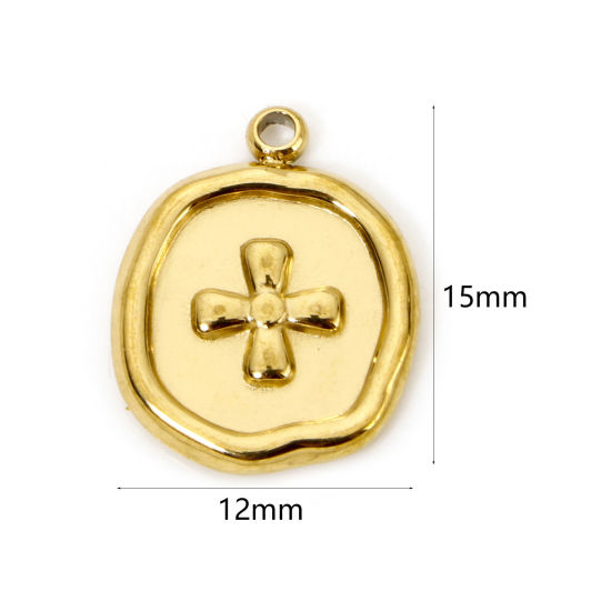 Picture of 2 PCs Eco-friendly PVD Vacuum Plating 304 Stainless Steel Religious Charms 18K Real Gold Plated Round Cross 15mm x 12mm