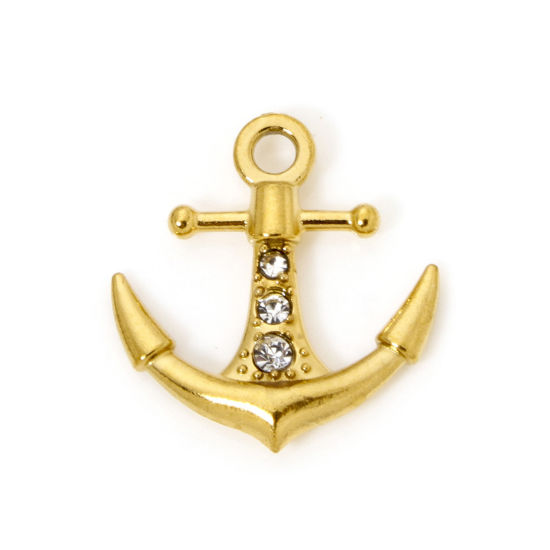 Picture of 2 PCs Eco-friendly PVD Vacuum Plating 304 Stainless Steel Charms 18K Real Gold Plated Anchor Clear Rhinestone 17mm x 16mm