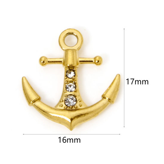 Picture of 2 PCs Eco-friendly PVD Vacuum Plating 304 Stainless Steel Charms 18K Real Gold Plated Anchor Clear Rhinestone 17mm x 16mm