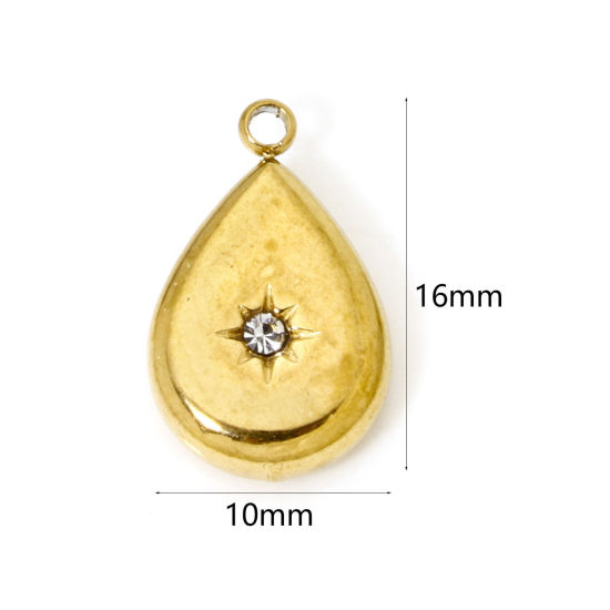 Picture of 2 PCs Eco-friendly PVD Vacuum Plating 304 Stainless Steel Charms 18K Real Gold Plated Drop Clear Rhinestone 16mm x 10mm