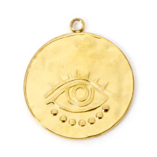 Picture of 2 PCs Eco-friendly PVD Vacuum Plating 304 Stainless Steel Religious Charms 18K Real Gold Plated Round Evil Eye 23mm x 20mm