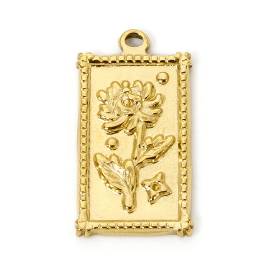 Picture of 2 PCs Eco-friendly PVD Vacuum Plating 304 Stainless Steel Flora Collection Charms 18K Real Gold Plated Rectangle Rose Flower 26mm x 14mm