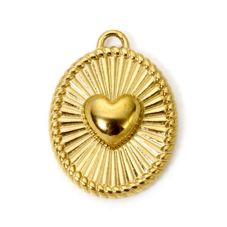 Picture of 2 PCs Eco-friendly PVD Vacuum Plating Waterproof Anti-Tarnish Hypoallergenic 304 Stainless Steel Valentine's Day Charms 18K Real Gold Plated Oval Heart 25mm x 19mm