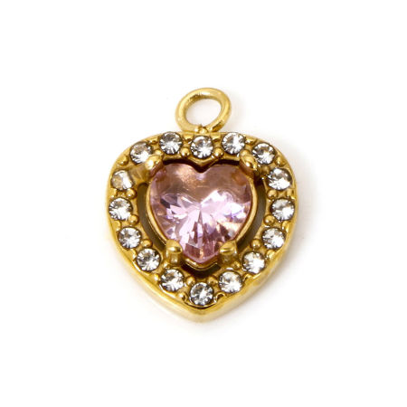 Bild von 1 Stück Umweltfreundliche Vakuumbeschichtung 304 Edelstahl Valentinstag Charms Herz Vergoldet Rosa Zirkonia 13mm x 10mm