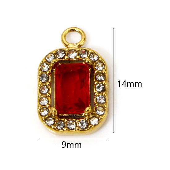 Picture of 1 Piece Eco-friendly Vacuum Plating 304 Stainless Steel Charms Gold Plated Octagon Red Cubic Zirconia 14mm x 9mm