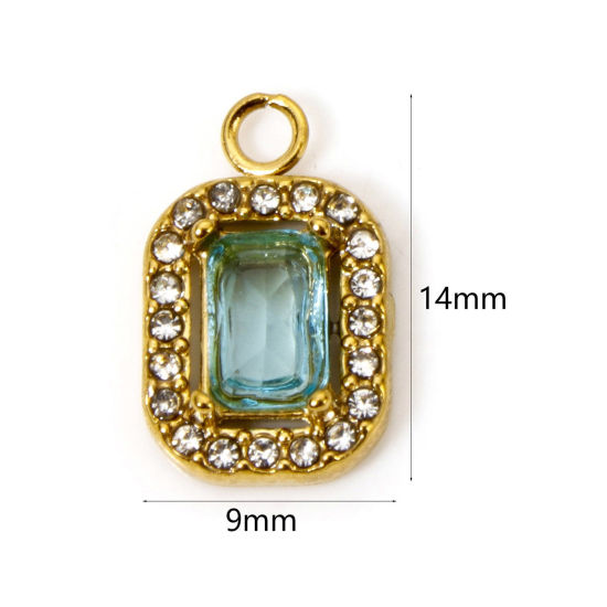 Picture of 1 Piece Eco-friendly Vacuum Plating 304 Stainless Steel Charms Gold Plated Octagon Blue Cubic Zirconia 14mm x 9mm