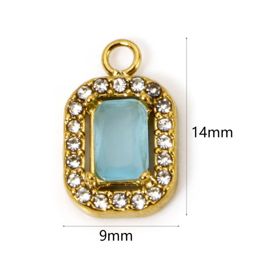 Picture of 1 Piece Eco-friendly Vacuum Plating 304 Stainless Steel Charms Gold Plated Octagon Blue Cubic Zirconia 14mm x 9mm