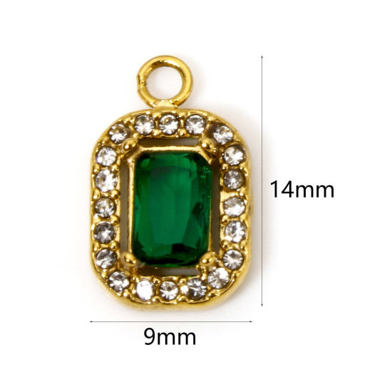 Picture of 1 Piece Eco-friendly Vacuum Plating 304 Stainless Steel Charms Gold Plated Octagon Green Cubic Zirconia 14mm x 9mm