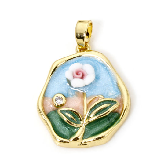 Picture of 1 Piece Brass Oil Painting Style Charm Pendant 18K Real Gold Plated Multicolor Irregular Flower Enamel 26mm x 18mm