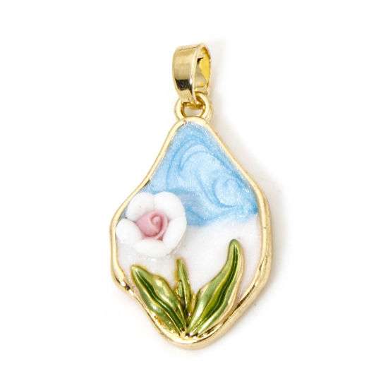 Picture of 1 Piece Brass Oil Painting Style Charm Pendant 18K Real Gold Plated Multicolor Irregular Flower Enamel 28mm x 14mm